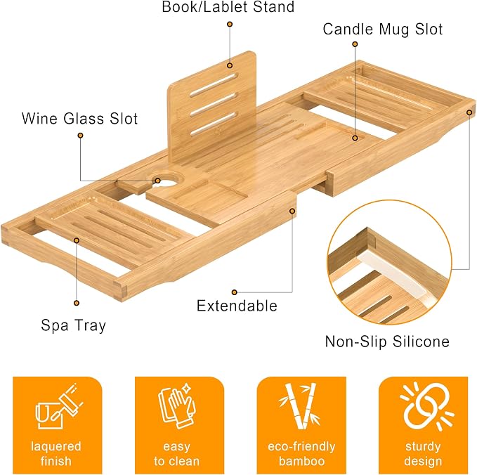 Bathtub Tray Caddy, Bamboo Expandable Bath Tray for Tub | Foldable Bath Table Trays, Bathtub & Bathroom Accessories for New Home & Mothers, Birthday Gifts for Mom, Natural