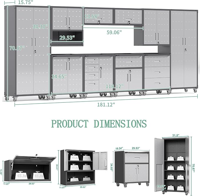 Garage Storage Cabinet System,Wall Cabinet & Locking Rolling Tool Cabinet with Doors and Adjustable Shelves