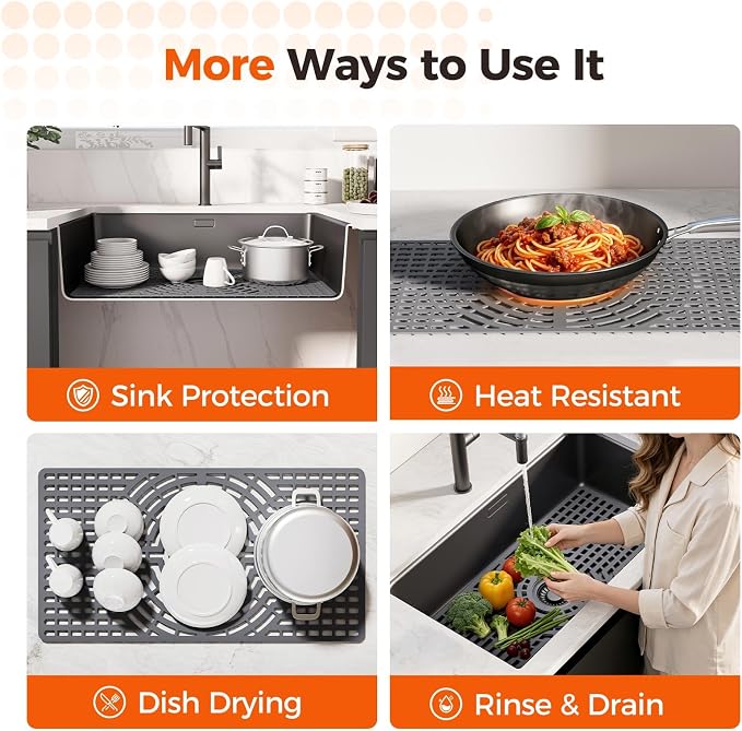 Snuggery Silicone Sink Protector for Kitchen Sink, 24"x12" Center Drain | Scratch protection, cushions fragile dishes and glassware, dishwasher safe, food-grade silicone, 446°F heat resistant