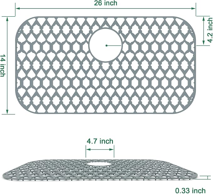 Silicone Sink Protector for Multi-Size Kitchen Sink(26"x14",Center Drain) | Flexible and durable, heat-resistant, machine washable, non-slip, gray grid.