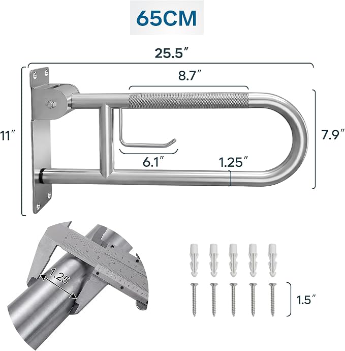 26-Inch Foldable Toilet Grab Bar – 90° Flip-Up Design, Premium 304 Stainless Steel, Anti-Slip Grip with Built-in Paper Holder, Wall-Mounted Handicap Safety Rail, Supports 350–400 lbs