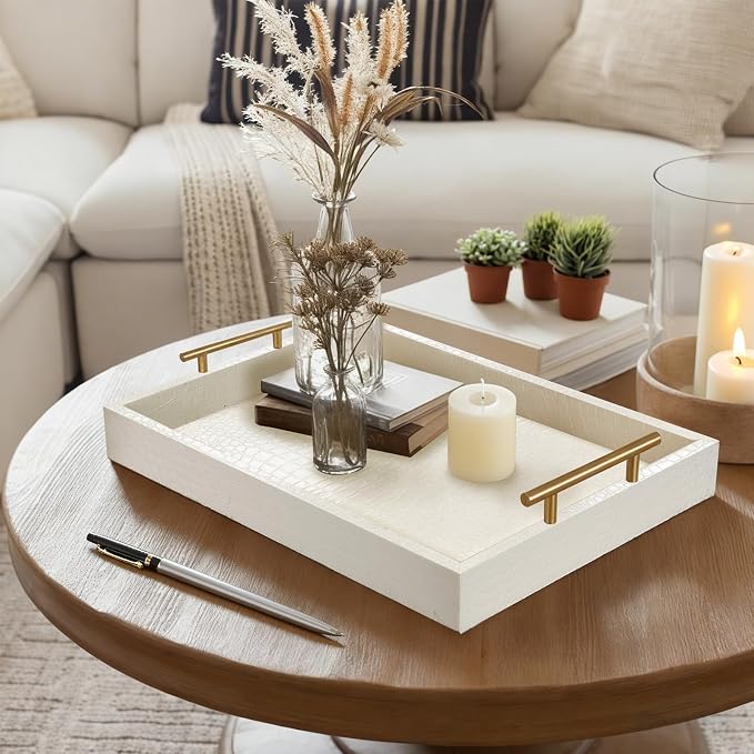 SXNOWS Faux Leather Serving Tray with Gold Handles, 17x12 in | Elegant Cream Rectangle Decorative Tray, Perfect for Ottoman Coffee Table Kitchen Bar, Stylish Gift for Home Decor