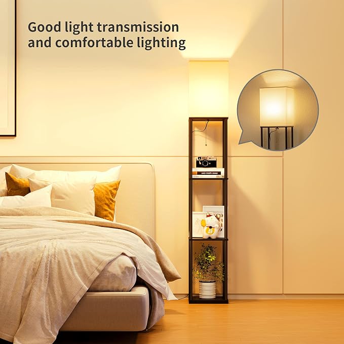 SUNMORY Floor Lamp with Shelves, Standing Lamps for Living Room, Black | 3 CCT LED Bulb Include, 4-Tier Display Bookshelf, 63" Tall Corner Shelf Lamp, Modern Style for Bedroom, Office, Home Decor