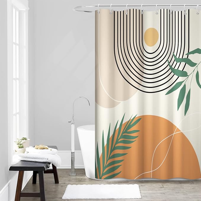 Mid Century Shower Curtain with Hook for Bathroom 60x72 Inch | Waterproof Abstract Orange and Beige Shower Curtain Set, Soft Bathroom Decor, Machine Washable