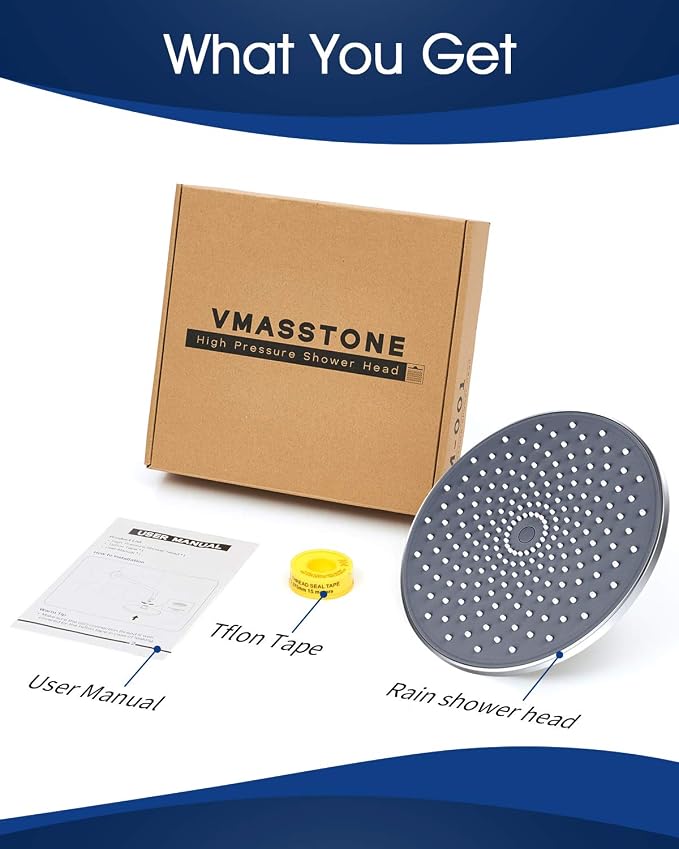 Large Shower Head VMASSTONE 9In High Pressure Showerhead - Tool Free Installation- with Large Spray Surfaces and 200 Nozzles for Delicate and Unstimulate Shower Experience (EM-001 Chrome/Dark Grey)