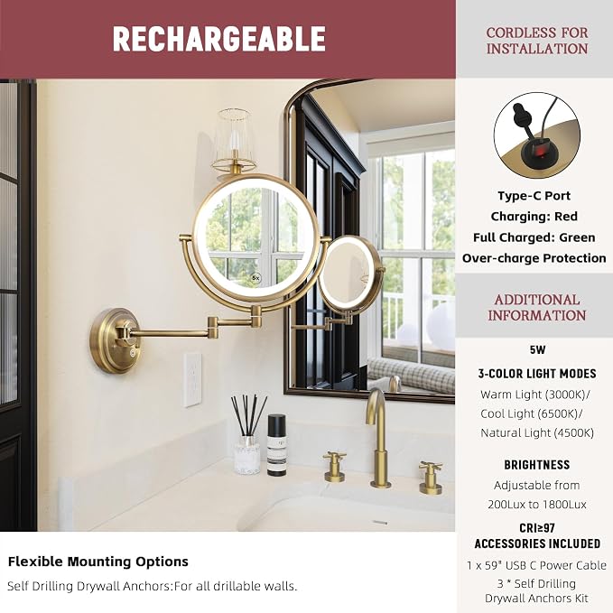 10" Double-Dided Wall Mounted Makeup Mirror with Light and Magnification 5X | Vanity Swing Arm, Close up Bathroom, 3 Color LED Dimmable, 360 Rotation, Cosmetic Shaving, Plug In, Brushed Antique Brass