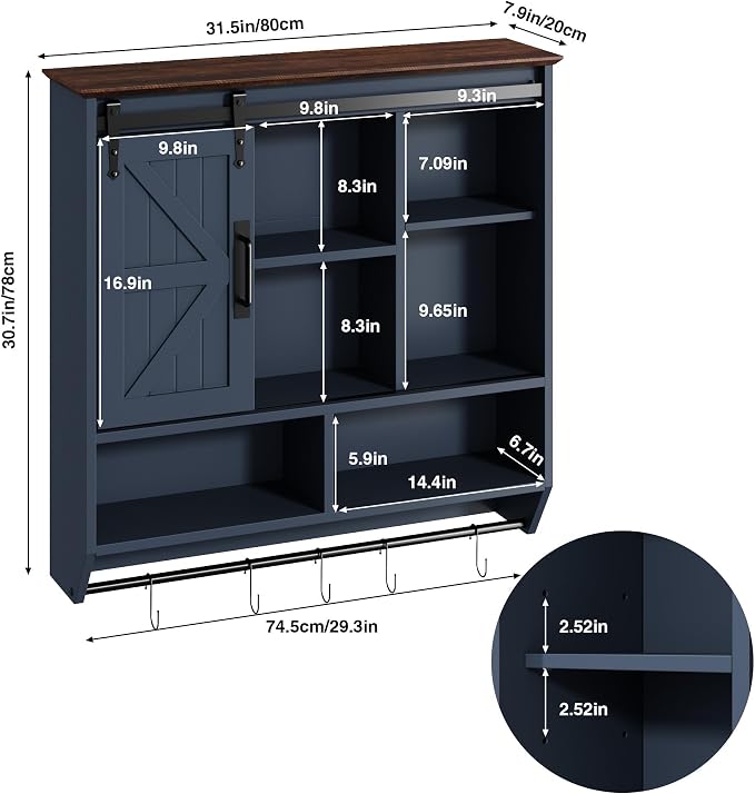 RUSTOWN Farmhouse Bathroom Wall Storage Cabinet with Sliding Barn Doors | 3-Tier, Rustic Wood Wall Mounted Cabinets, Vintage Medicine Cabinet, Adjustable Shelves, Over The Toilet Storage Cabinet