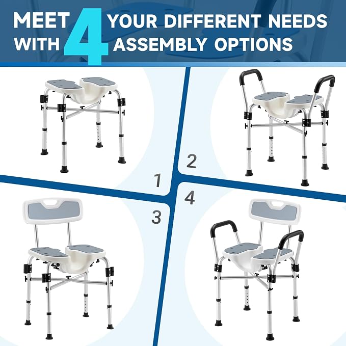 U-Shaped Shower Chair for Inside Shower, Adjustable Chair with Arms & Back | FSA/HSA Eligible, 600lb Capacity, Crossbar Design, Adjustable Height, Tool-Free, Non-Slip Bath Chair for Elderly and Disabled