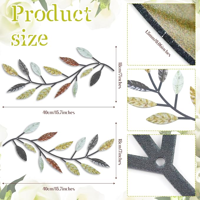 Zhengmy 2 Pcs Metal Leaf Wall Art Vine Branch Decor,Multi Color