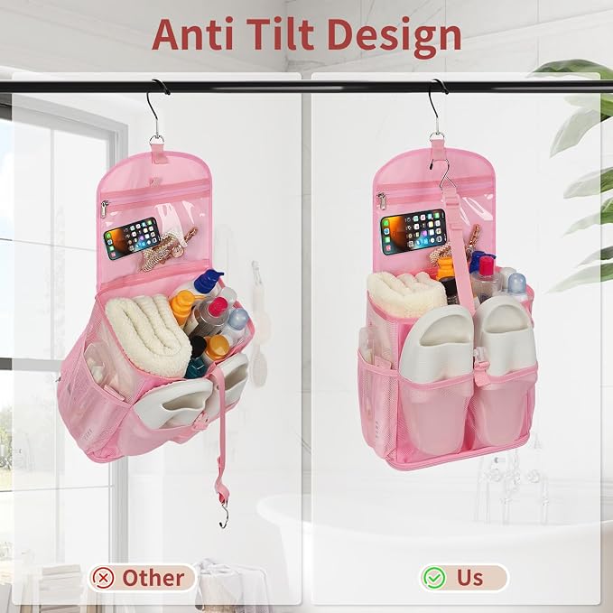 Ethereal Pink Hanging Mesh Shower Caddy Portable for College Dorm Room Essentials, Large Capacity Shower Bag for Guys/Girls, for Beach, Swimming, Gym