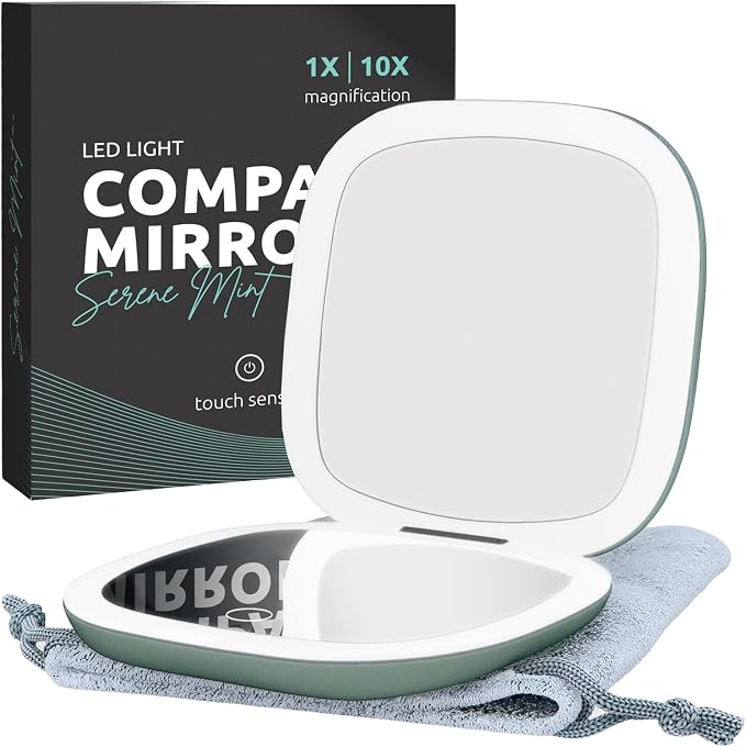 LED Lighted Travel Makeup Mirror 1x/10x, USB-C Rechargeable (Serene Mint)