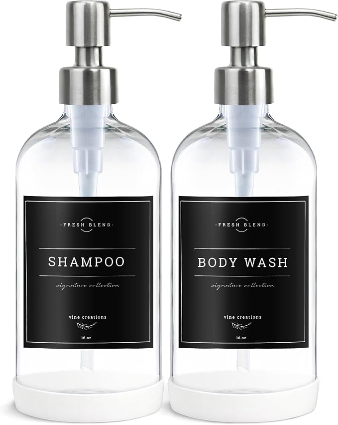 Vine Creations Clear Glass Soap Dispenser, 2 Pack Kitchen Soap Dispenser Set with Stainless Steel Pump, 16 oz Hand Soap or Dish Soap for Bathroom or Kitchen with Waterproof Labels