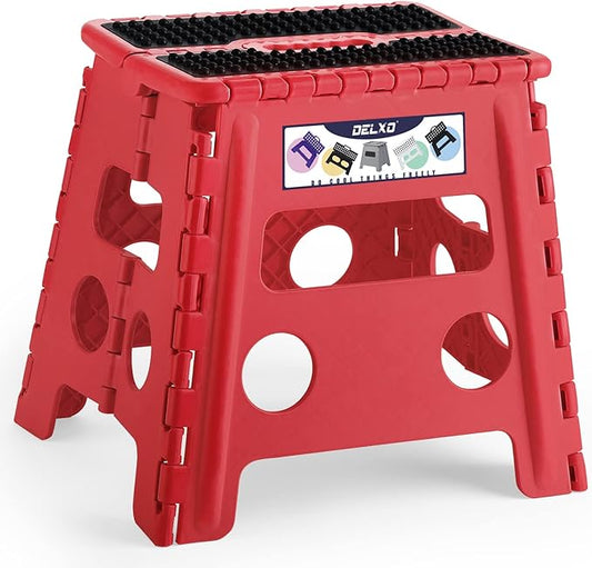 Delxo Folding Step Stool 13 Inch,300 Lbs Step Stool for Adults Red | Foldable Step Stool 13",Non-Slip Foot Stools with Handle,Lightweight Collapsible stools for Kitchen,Bathroom,Bedroom,Garden