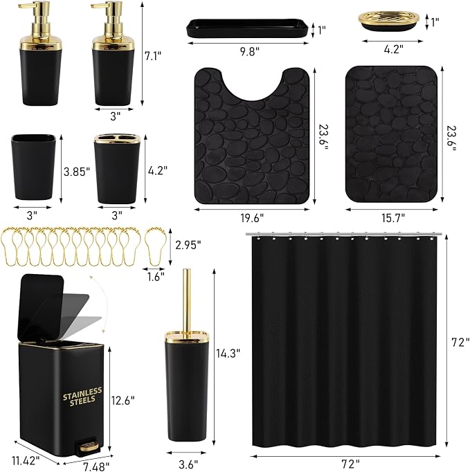 Bathroom Sets with Shower Curtain and Rugs Bathroom Accessories Set Black Bathroom Set,Soap Dispenser & Toilet Brush Holder Set with Stainless Steel Trash Can(23 PCS)