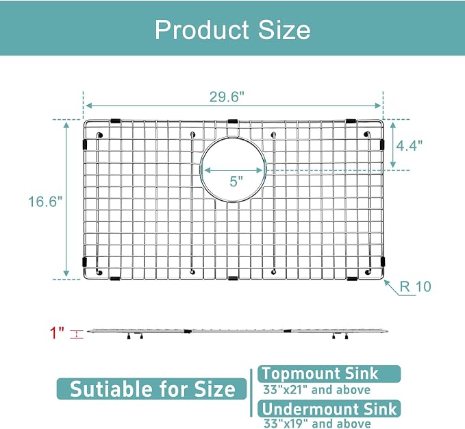 Stainless Kitchen Sink Protector - 30" x 17" with Rear Drain | S304 Sink Grids for Bottom of Kitchen Sink, Rear Drain for Single Bowl Kitchen Sink with Corner Radius