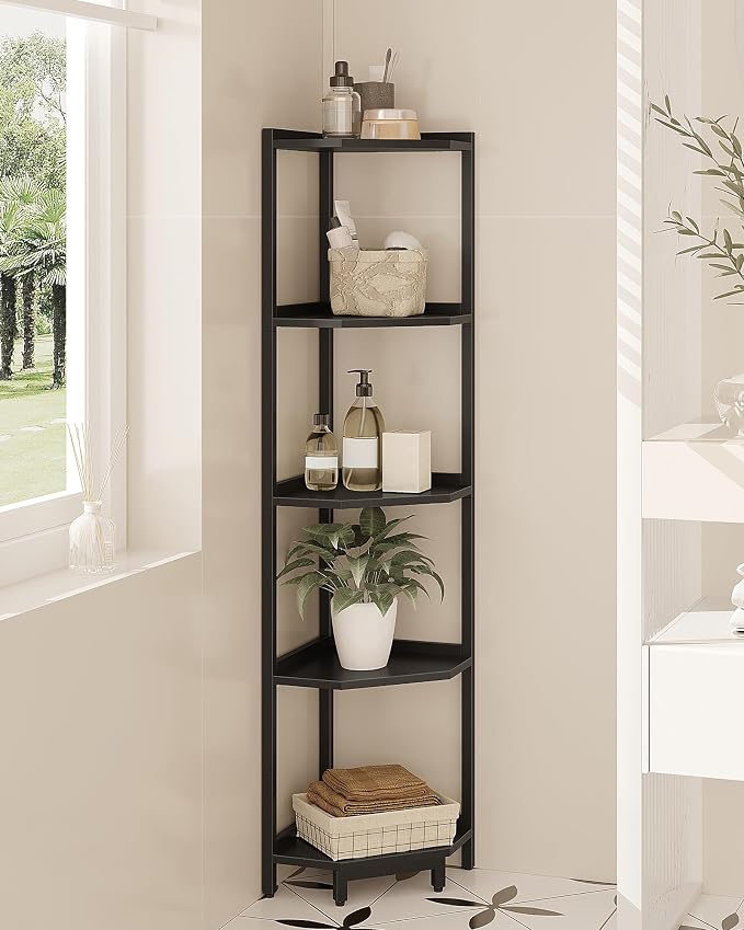 Hzuaneri Corner Shelf Stand 5-Tier Corner Bookshelf Storage Standing Shelf | Bookcase Plant Stand with Metal Frame for Living Room, Home Office, Bedroom, Black CS05906B
