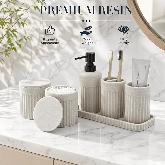 INIUNIK Bathroom Accessory Set, 6 Pieces, Beige | Resin, Bathroom Accessories Set, Includes Soap Dispenser Set, Toothbrush Holders, Tumbler, Vanity Tray & 2 Qtip Holder
