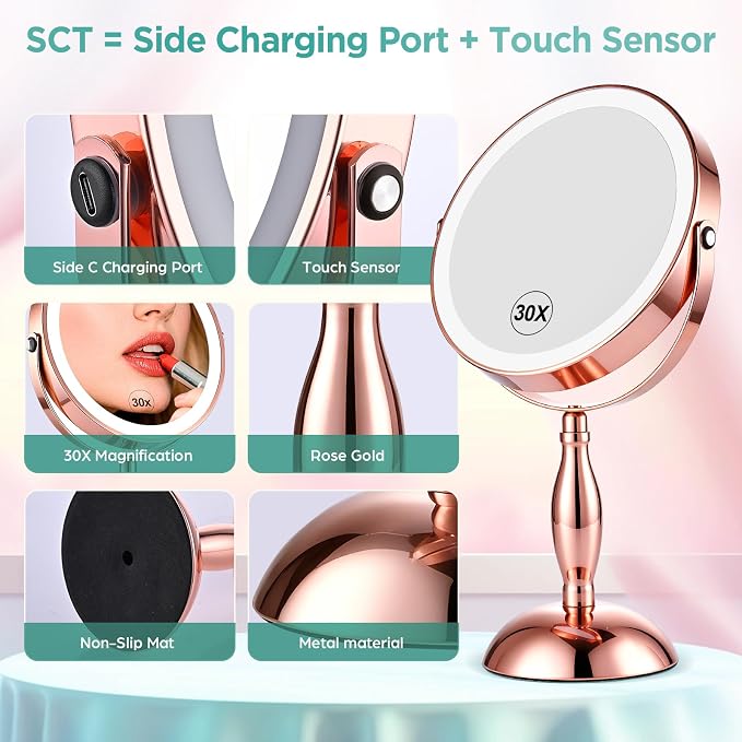 30X Makeup Mirror with Lights and Magnification-Rose Gold 8" Double Sided | Magnifying Mirror, 5000mAh Rechargeable, 360° Rotation, (Side Touch+Side Port), 3 Color Modes, Dimmable Light, for Vanity