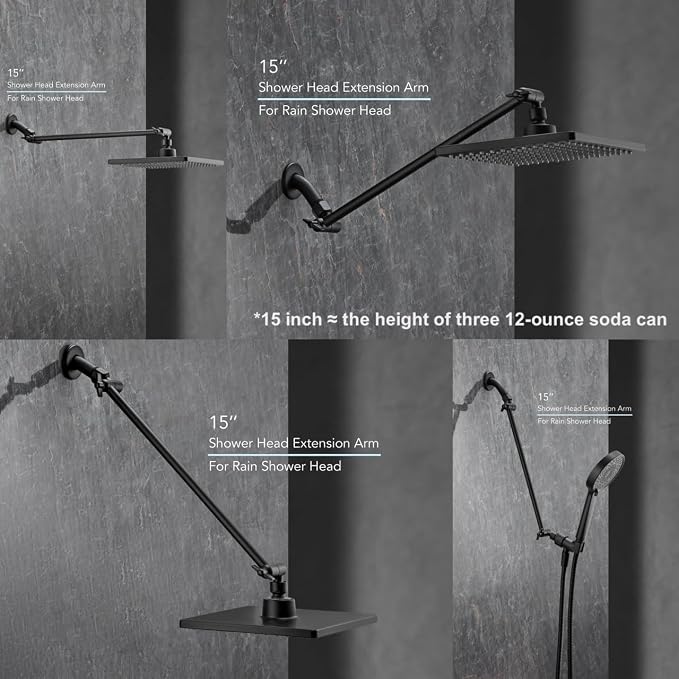 15 Inch Extra Long Adjustable Shower Head Extension Arm With Locking Set Screw, Singing Rain 304 Stainless Steel Angle Height Adjustable, Easy Install, G1/2 Universal Connector Compatible (Matt Black)