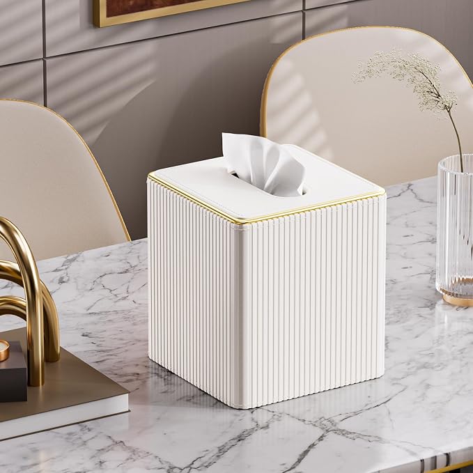 GORESE Tissue Box Cover Square Kleenexs Box Cover, PU Leather Tissue Cover with Gold-Tone Edging, Cube Tissue Box Holder for Bathroom Livingroom Car, Modern Decorative Kleenexs Cover, Cream White