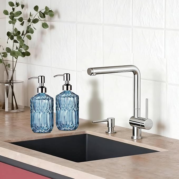 COHOSEGE 17 Oz Blue Glass Kitchen Soap Dispenser for Dish Soap, 2 Pack Bathroom Soap Dispenser Set with Silvery Rust Proof Pump for Lotion, Hand soap or Body Wash