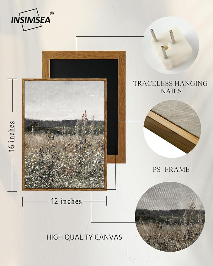 InSimSea Framed Canvas Prints Art Vintage Decor, Wildflower Field Meadow with Flowers Painting, Rustic Landscape Wall Art for Living Room Bedroom Home Bathroom Wall Decor, 12x16inch