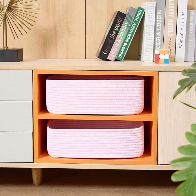 MiniArk Large Shallow Organizing Baskets 15x11x5.1 Inches - Rope Woven Storage Bins for Bathroom, Shelves, Cube Closet, Light Pink 4 Packs