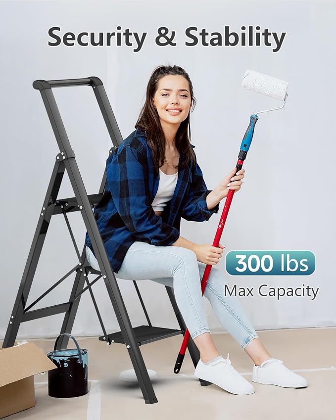 3 Step Ladder, Folding Step Stool, Lightweight Stepladder, Black | Anti-Slip 7.9'' Wide Pedal;Portable Handrail;Space-Saving;For Kitchen, Home, Library, Office Use;300lbs Capacity