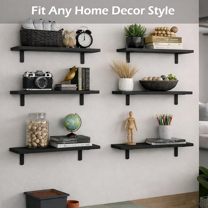 Floating Shelves Set of 6, Wooden Floating Shelves for Wall Decor, Farmhouse Shelf for Bedroom, Wall Mounted Bathroom Storage Shelves, Floating Book Shelves for Living Room
