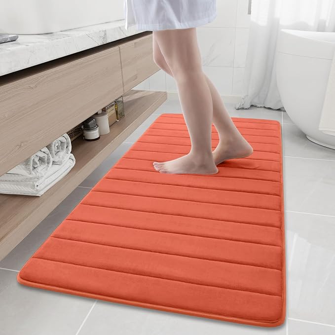 Buganda Memory Foam Bath Mat 60 x 24, Ultra Soft Absorbent Bathroom Rugs | Coral, Machine Washable Quick Dry Bath Mats for Bathroom Floor, Shower and Tub, Home Decor Accessories