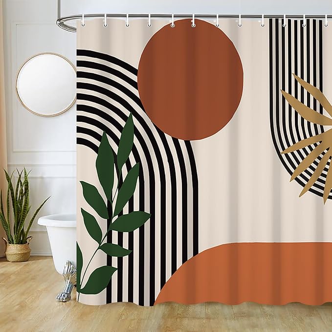Mid Century Boho Shower Curtain with Hooks for Bathroom 72x96 Inch | Waterproof Abstract Sun Leaves and Arch Shower Curtain Set, Soft Terracotta Bathroom Decor