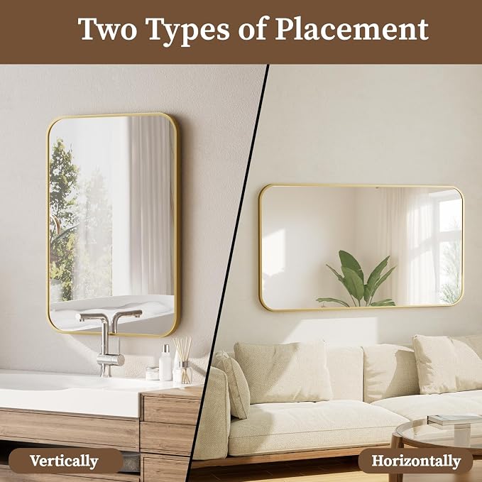 BEAUTYPEAK 24" x 36" Rectangular Aluminum Alloy Frame Wall Mounted Bathroom Mirror with Rounded Corners, Gold | Aluminum Alloy Frame with Rounded Corners