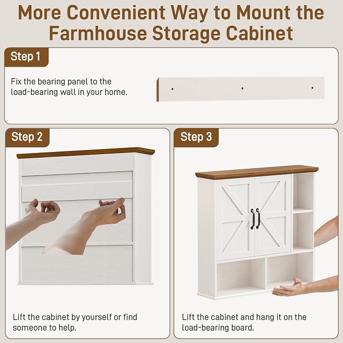 Bathroom Wall Cabinet, Farmhouse Medicine Cabinet with Doors, White & Brown | Over The Toilet Storage Cabinet with Double Barn Door and Adjustable Wood Shelf for Wall Mounted for Bathroom Laundry Kitchen