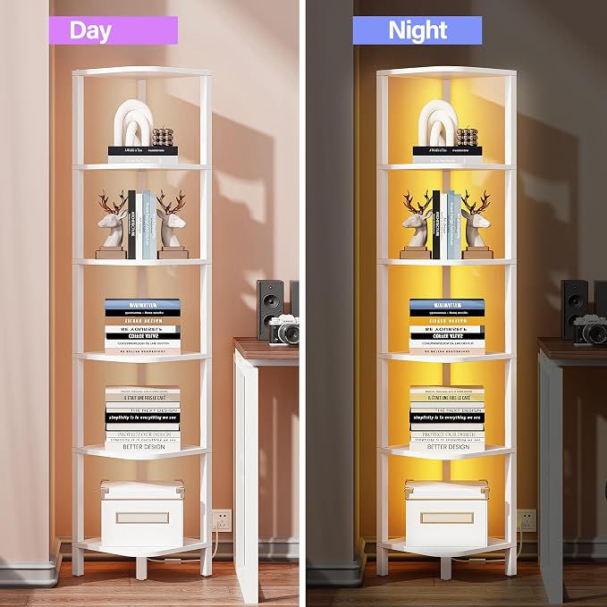 TUTOTAK Corner Shelf with LED Light, 6-Tier Corner Bookshelf | for Small Space, Narrow Display Corner Shelf Stand with Storage Rack, for Living Room, Bedroom, White BS08BW006L