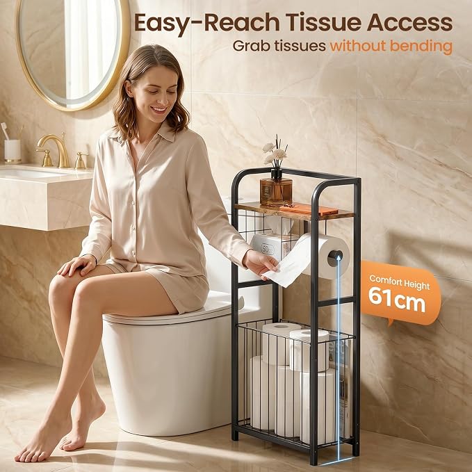 Freestanding Toilet Paper Holder Stand with Storage forSmall Bathroom Space | Holds 9 Spare Rolls, Phone, Wipes & Magazines –Large Capacity Toilet Paper Stand – Toilet Roll Dispenser and Organizer