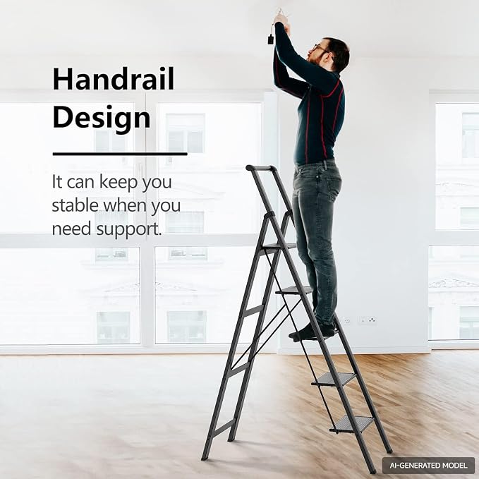 5 Step Ladder, Folding Step Stool, Lightweight Stepladder, Black | Reach 10ft;Anti-Slip 7.9'' Wide Pedal;Portable Handrail;Space-Saving;For Kitchen, Home, Library, Office Use;300lbs Capacity