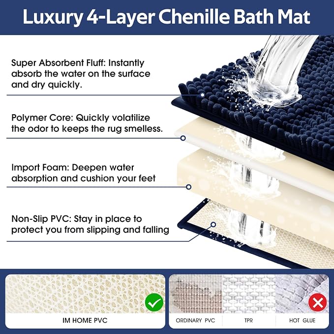 Striped Navy Blue Bathroom Rug Mat Set 2 piece 24"x17"+48"x20" Ultra Soft, Non Slip Chenille Bath Rugs, Absorbent Plush Shaggy Bath Mats for Bathroom, Bedroom, Kitchen, Shower, Tub