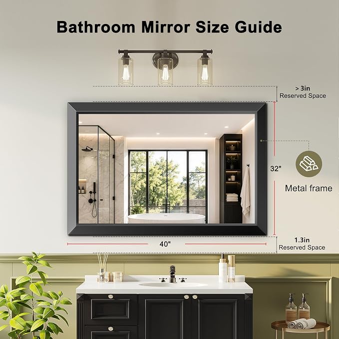 Black Bathroom Mirror for Over Sink, 32x40Inch Thick Anti-Rust Metal Frame, Rectangle Decorative Wall Mirror with HD Tempered Glass Horizontal or Vertical Mount for Vanity, Bedroom, Living Room