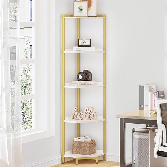Hzuaneri Corner Shelf Stand 5-Tier Corner Bookshelf Storage Standing Shelf | Bookcase Plant Stand with Metal Frame for Living Room, Home Office, Bedroom, Black CS05903A