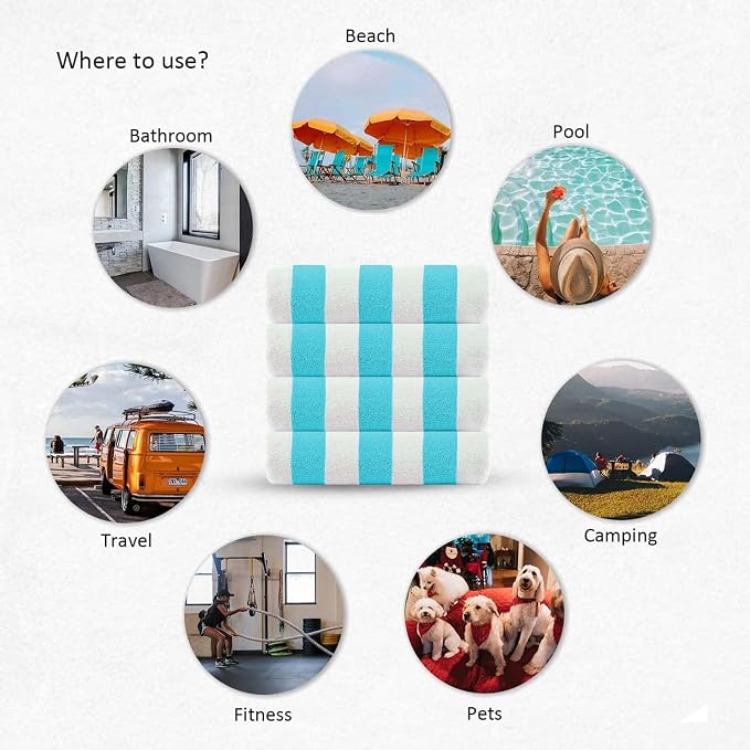 CASA COPENHAGEN Cabana Beach Towel Designed in Denmark Rough and Tough, Quick Dry, Beach, Pool, Bath & Shower 30x60 inches 4 Pieces Cotton Beach Bath Towels Set - Water Blue