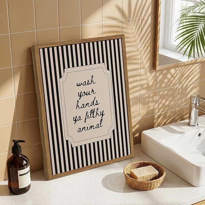 Funny Bathroom Sign Wall Art Wash Your Hands Ya Filthy Animal Quote Wall Decor Pictur Vintage Black White Striped Bathroom Poster Canvas Painting Prints for Restroom 24x16 inch Wood Framed