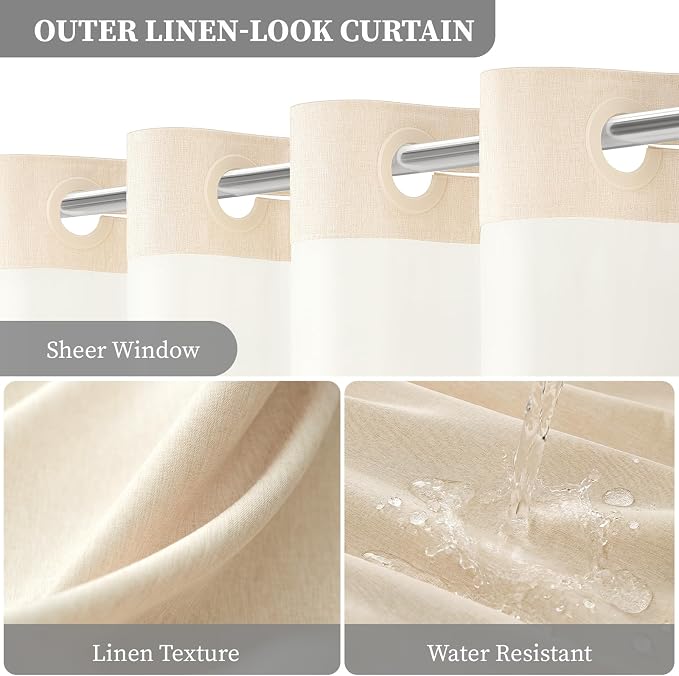 54x81 Ringless Linen Textured Shower Curtain with Snap in Liner, Cream | Narrow Long Size, 3 in 1 Shower Curtain, Removable Liner, Waterproof & Washable, Mesh Top Window, Durable Fabric, Easy Setup