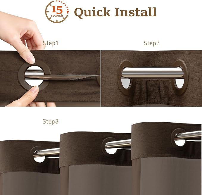 Brown Ringless Linen Textured Shower Curtain with Snap in Liner, 72x75 | 3 in 1 Hotel Shower Curtain Set, Removable Liner, Waterproof & Washable, Mesh Top Window, Durable Fabric, Easy to Install