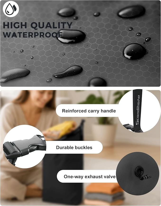 Travel Laundry Bag, Pump-free Vacuum Compression Dirty Clothes Bag, Large Reusable Waterproof & Washable Laundry Bag, Wet and Dry Bag, Ideal for Suitcases, Cruise Essentials (1 Pack) Black