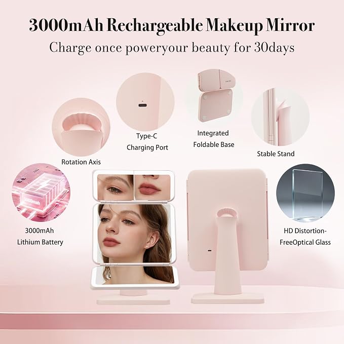 SIMETRA 15.6'' Rechargeable Makeup Mirror with Lights, 156 LED Magnification Vanity Mirror with 3 Colors Lights, 3000mAh Lighted Mirror, Touch Control Trifold Mirror for Women Travel Desk