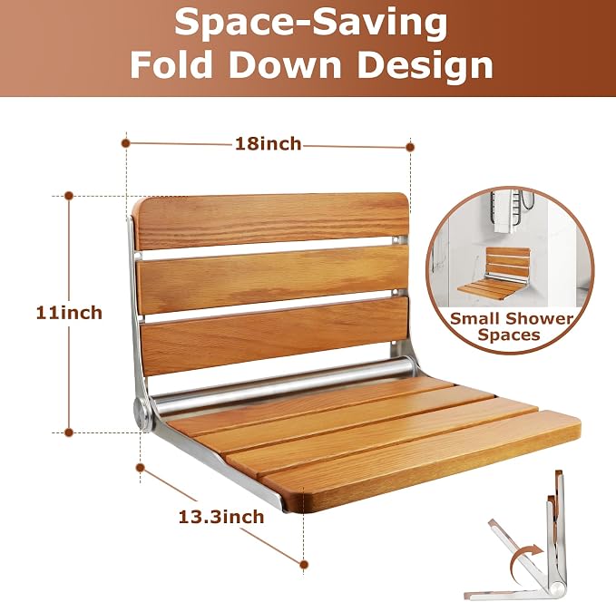 Foldable Shower Seat Wall Mounted 18 in Wide, Teak Bench for Small Shower | Foldable Design, Shower Use