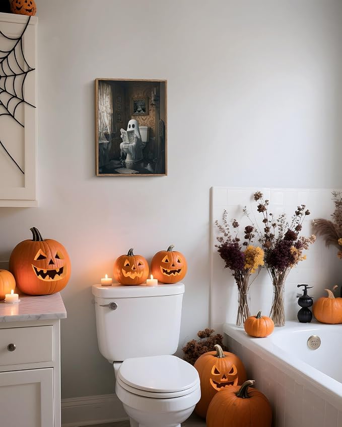 InSimSea Framed Canvas Prints Art Vintage Decor, Ghost on Toilet Bathroom Painting, Rustic Dark Academia Wall Art, Halloween Living Room Witchy Room Wall Cottagecore Decor, 12x16inch