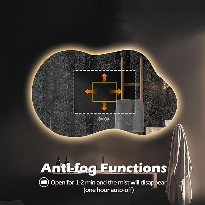 LED Mirror for Bathroom, 22x36 Inch Irregular Backlit Mirror | 3 Colors, Dimmable, Anti-Fog, Memory Function, Horizontal/Vertical, Al Alloy Lampshade, HD Glass, Rust-proof Treatment, UL