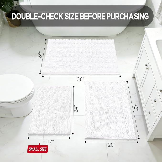 Bcoimo Bath Rug Mat,36x24 Chenille Non Slip White Bathroom Floor Shower Mat | Extra Soft Bathroom Rugs;Non Slip with Rubber Backing Bath Mats;High Absorbent And Quick Dry Microfiber mat; Machine Washable