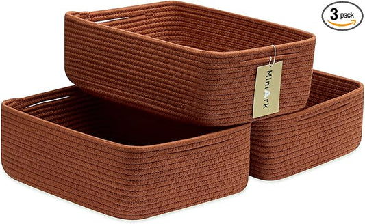 MiniArk Large Shallow Organizing Baskets 15x11x5.1 Inches - Rope Woven Storage Bins for Bathroom, Shelves, Cube Closet, Red 3 Packs